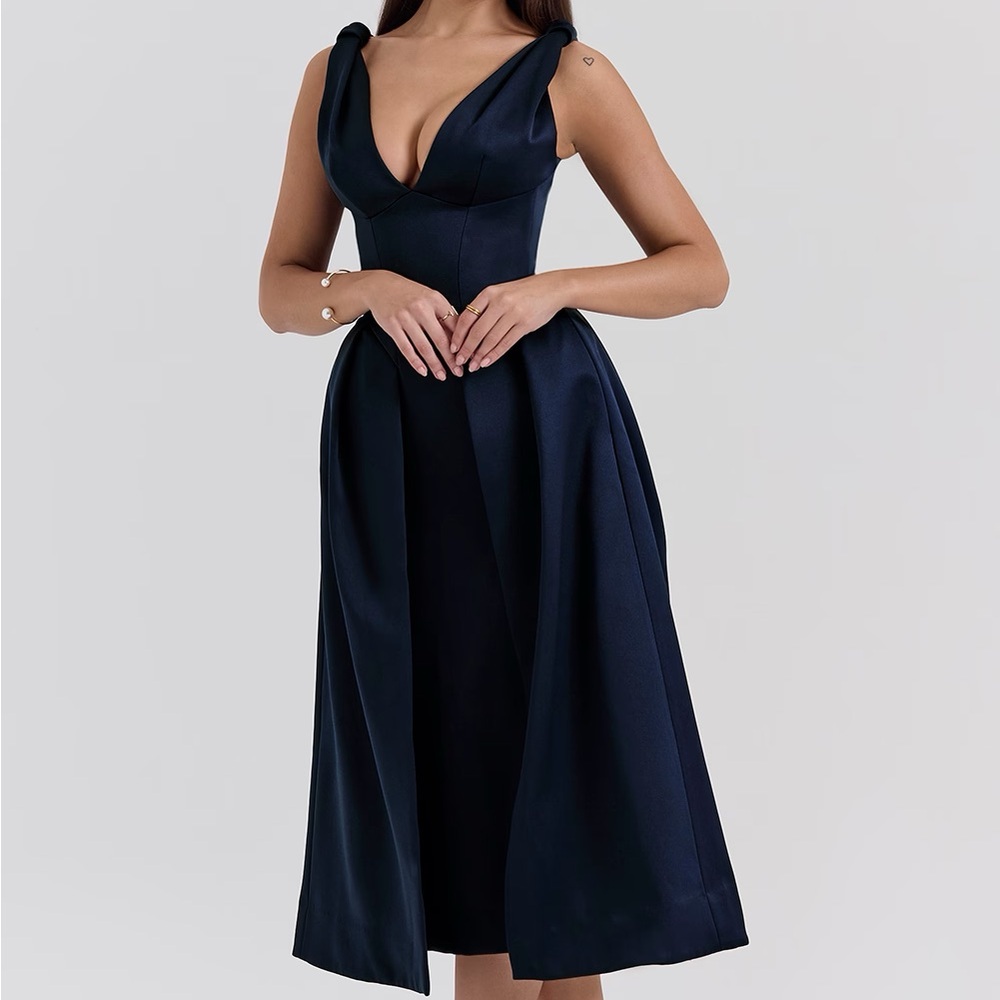 House of CB PALOMA Midnight Twist Strap Satin Midi Dress